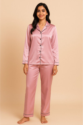 G-KA Women Solid Pink Night Suit Set