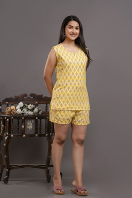 Krishna Vastrram Women Printed Yellow Night Suit Set