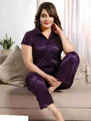 HouseOfCommon Women Solid Purple Shirt & Pyjama set