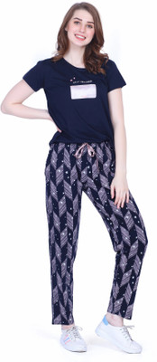 NIGHTVIEW Women Printed Dark Blue, White Top & Pyjama Set