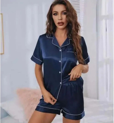 Vd hub Women Solid Dark Blue Night Suit Set