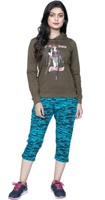 StyleAone Women Printed Dark Green, Dark Green Top & Capri Set