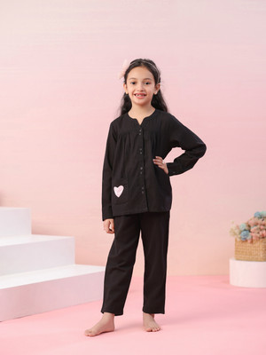 Sanskrutihomes Girls Solid Black Night Suit Set