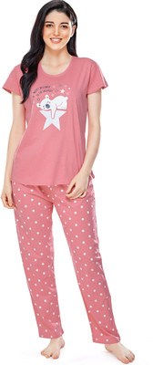 ZEYO Women Printed Pink Top & Pyjama Set