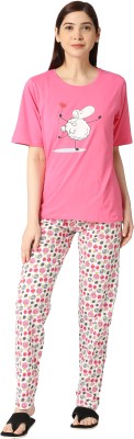 zebu Women Printed, Solid Pink Top & Pyjama Set