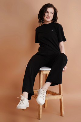 Lugo Women Solid Black Night Suit Set