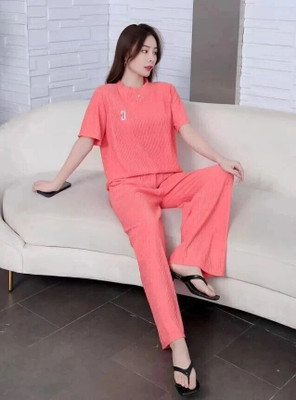 Lugo Women Solid Pink Night Suit Set