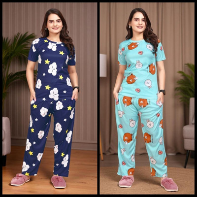 FASHION GREAB Women Printed Blue Top & Pyjama Set