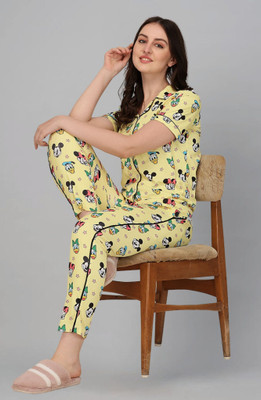 ZIKIGO Women Printed Yellow Shirt & Pyjama set