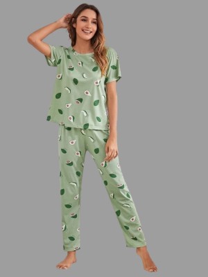 Shienzy Women Printed Green Night Suit Set