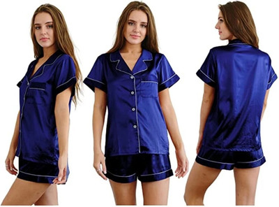 Vd hub Women Striped Dark Blue Night Suit Set