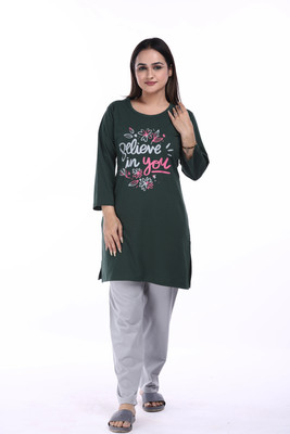 E-MAX Women Printed Dark Green, Grey Top & Pyjama Set