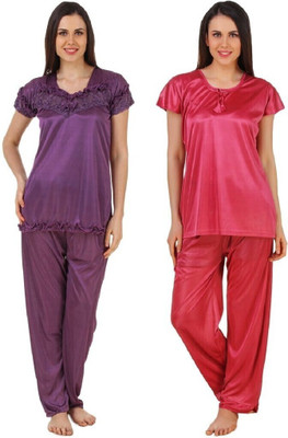 Boosah Women Solid Purple, Pink Top & Pyjama Set