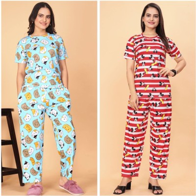 FASHIONGRAB Women Printed Blue, Red Night Suit Set