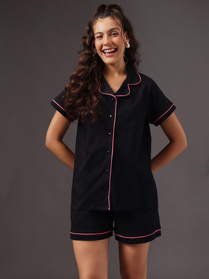Clovia Women Solid Black Top & Shorts Set