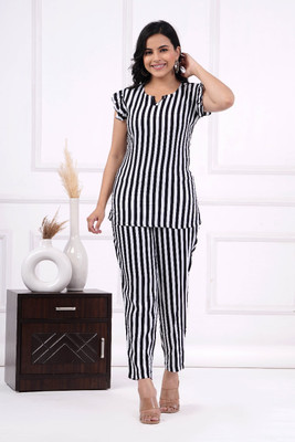 SAMAE COLLECTION Women Striped Black Top & Pyjama Set