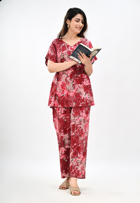 PRADHRUHE Women Printed Maroon Night Suit Set