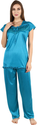 MARDIA Women Solid Blue Top & Pyjama Set