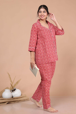 Plaful Women Printed Red Night Suit Set