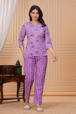 Sanwariya Women Printed Purple Top & Pyjama Set