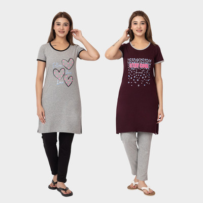 GEE 5 Women Graphic Print Grey, Maroon Top & Pyjama Set