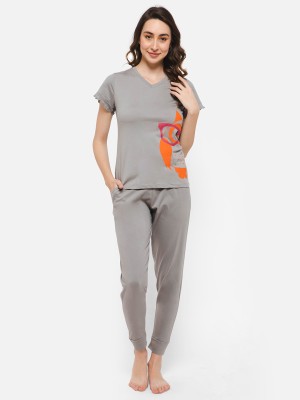 Clovia Women Animal Print Grey Top & Pyjama Set