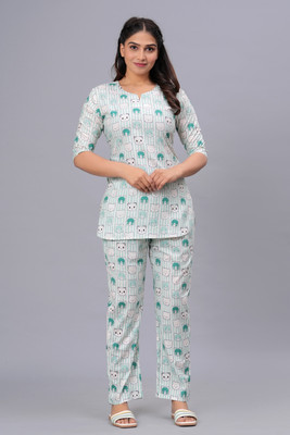 EPSAA Women Animal Print Green Night Suit Set