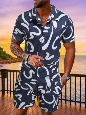 Varni Creation Men Printed Blue Top & Shorts Set