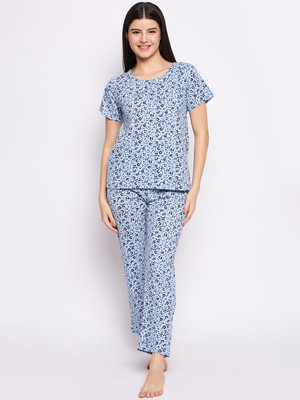 Camey Women Floral Print Blue Top & Pyjama Set