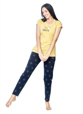 R&R REST AND RECREATION Women Printed Blue, Yellow Night Suit Set