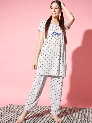 Trendy World Women Printed Grey Shirt & Pyjama set