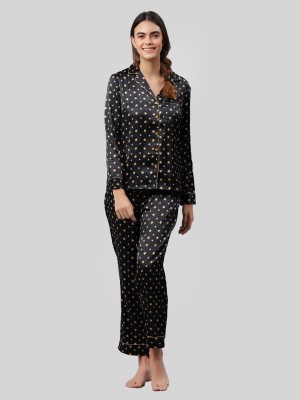 Azzurra Women Printed Black Shirt & Pyjama set