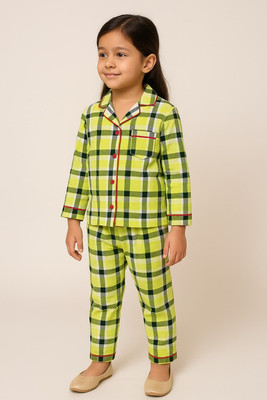SHIRTSLOGY Boys & Girls Checkered Yellow Night Suit Set