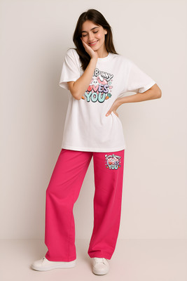 Shonisha Women Printed Red, White Top & Pyjama Set