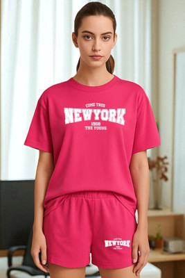 Elvia Women Printed Pink Top & Shorts Set