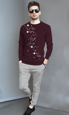 TRIPR Men Printed Maroon, Grey Night Suit Set