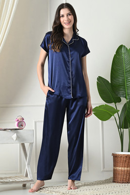 Kattly Women Solid Dark Blue Shirt & Pyjama set