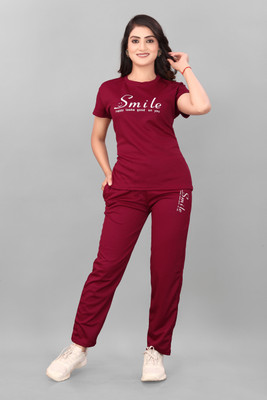 Vmd Women Printed, Solid Maroon Night Suit Set