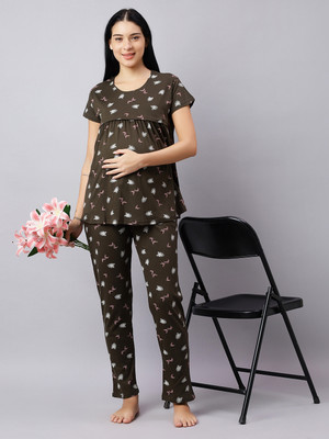 DZZO Women Printed Dark Green Top & Pyjama Set