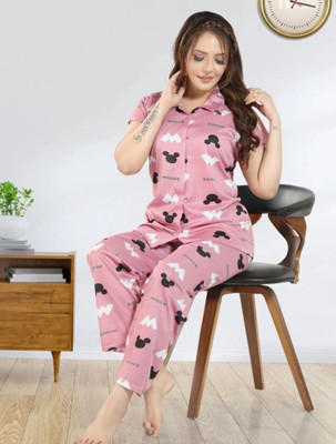 Qunity Women Printed Pink Night Suit Set