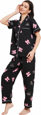 Lugo Women Printed Black, Pink Night Suit Set