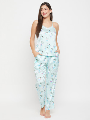 Clovia Women Floral Print Blue Top & Pyjama Set