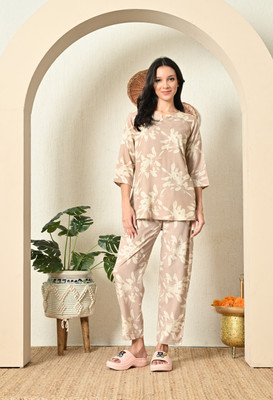 DreamBe Women Printed Beige Night Suit Set