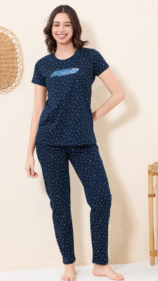 QUIRA Women Printed Blue Top & Pyjama Set