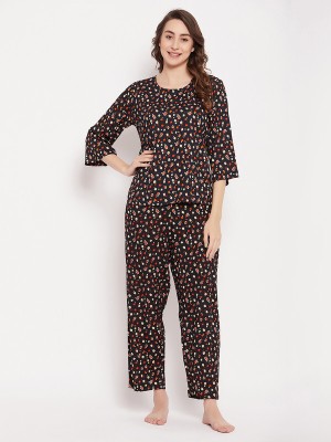 Clovia Women Printed Black Top & Pyjama Set