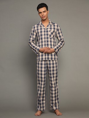 BSTORIES Men Checkered Blue Shirt & Pyjama set