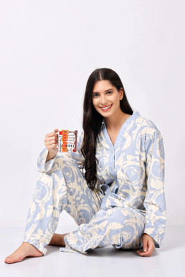 Lugo Women Printed Beige, Blue Night Suit Set