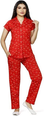 Foxy Women Floral Print Red Top & Pyjama Set