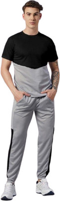 BINALCREATION Men Colorblock Grey Night Suit Set