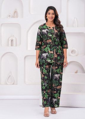 HouseOfCommon Women Printed Green Night Suit Set